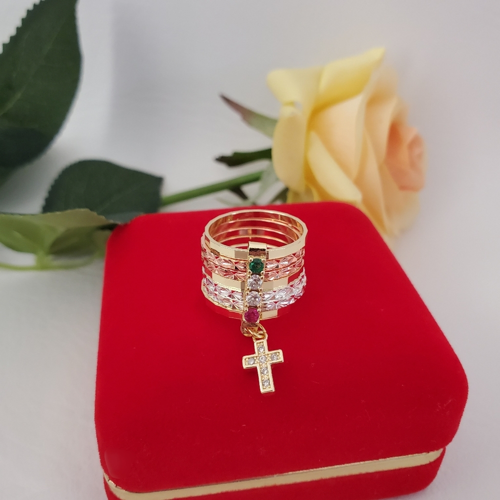 Tri Color 7 Band Cross Gold Plated Ring